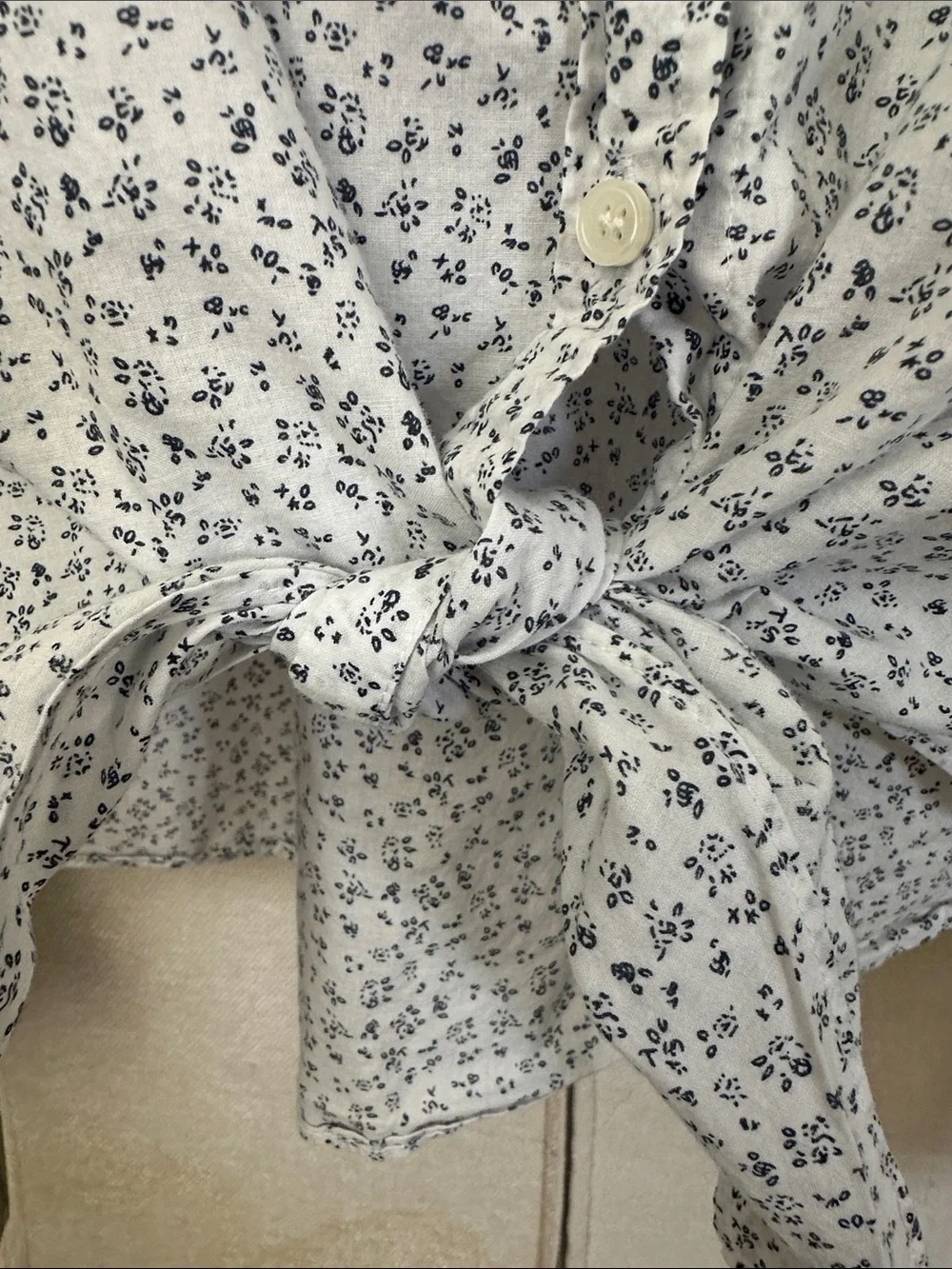 J. Crew White Shirt with Navy Micro Floral Tie Front
